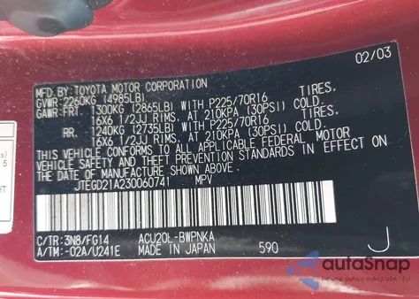 2003 Toyota Highlander z USA, uszkodzony, nr VIN JTEGD21A230060741